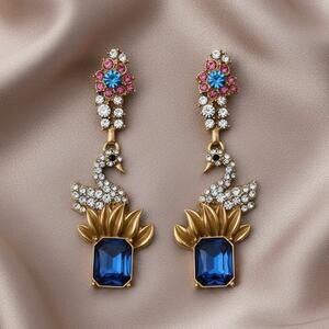 Museum Swan Bird Earrings Flower Lotus Antique Retro VTG Gold Court CZ Boho Art